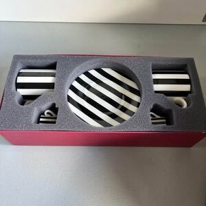 8 Piece AMERICAN GIRL CAFE TEA SET Black White Striped In Box Pleasant Company